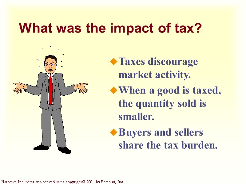 What was the impact of tax? Taxes discourage market activity. When a good is